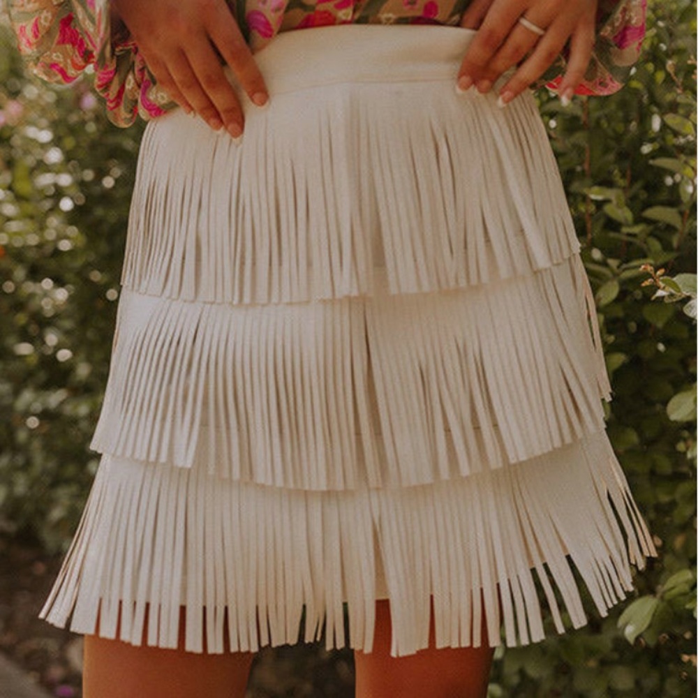 Country Road Faux Leather fringe Skirt In White bride bachelorette